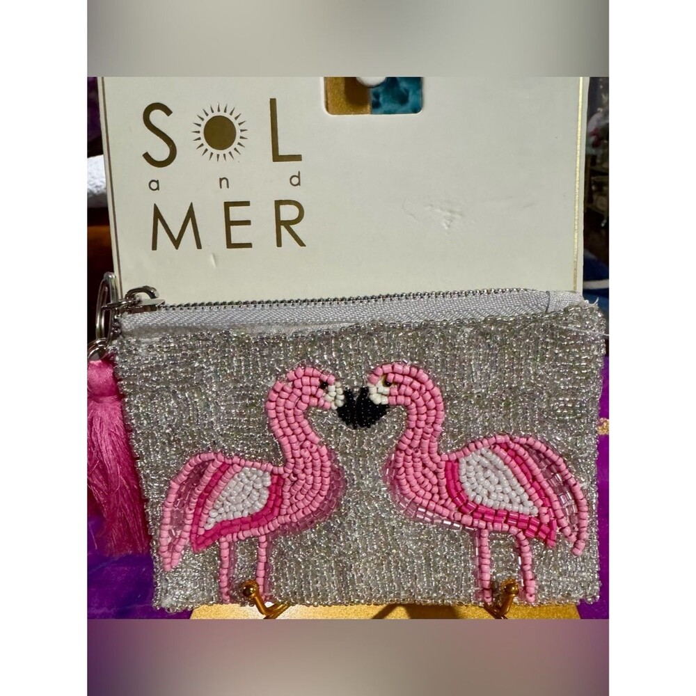 NWT Sol and Mer Beaded Flamingo Key and Card Holder Keychain